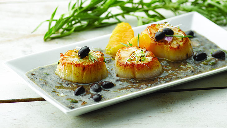 scallops black bean puree